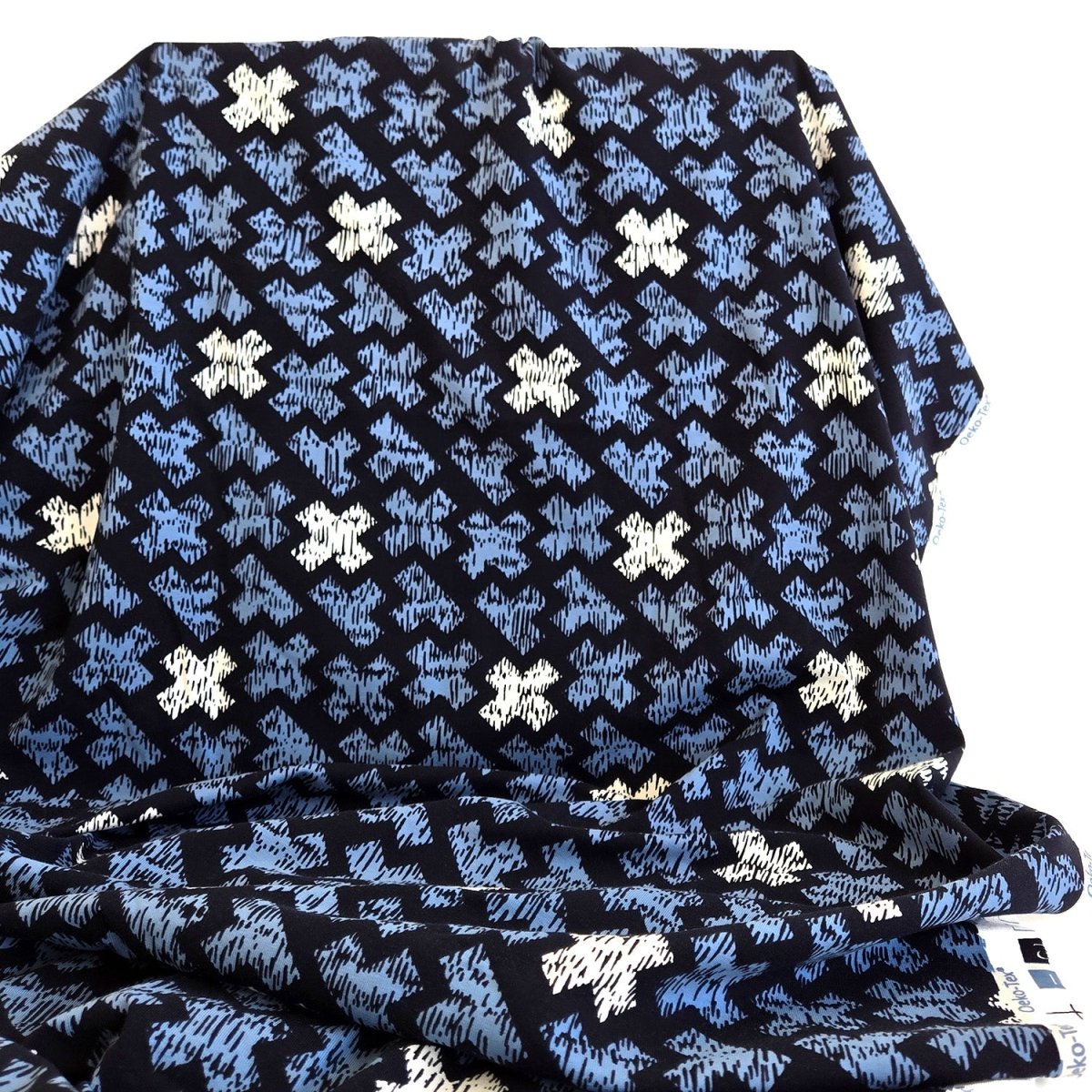 REMNANT |Jersey Knit | Blue X Print - 1.5m - Fabric + Flow Textile Co.