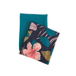 Two fabric swatches, one teal and one with floral pattern, on a white background.