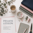A styled flat-lay of sewing and crafting supplies on a white surface, including a printed instruction sheet titled 'PRIVATE LESSON,' a gray spiral notebook with a gold pen, scissors, thread spools, folded fabric in navy, blush pink, and gray, a cup of coffee, eucalyptus branches, and a pincushion.