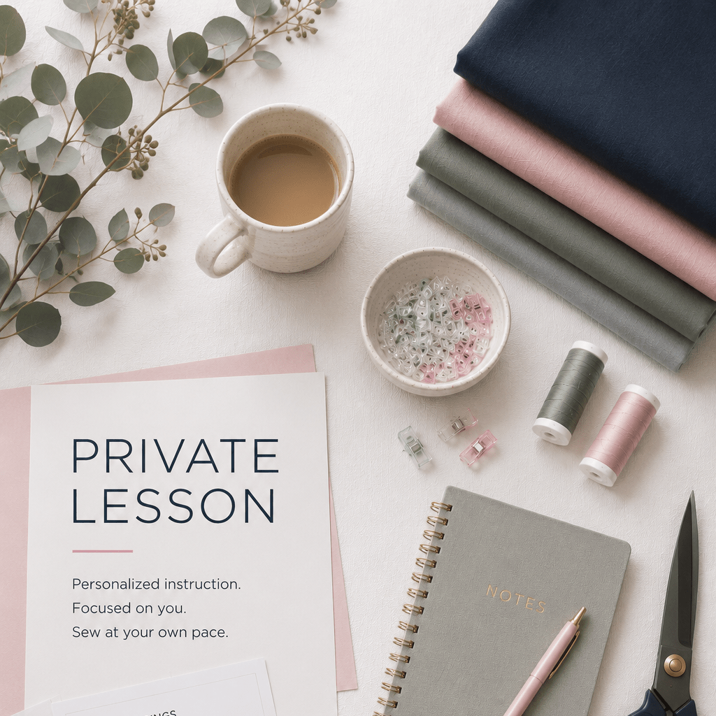 A styled flat-lay of sewing and crafting supplies on a white surface, including a printed instruction sheet titled 'PRIVATE LESSON,' a gray spiral notebook with a gold pen, scissors, thread spools, folded fabric in navy, blush pink, and gray, a cup of coffee, eucalyptus branches, and a pincushion.